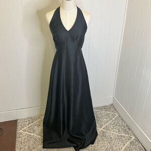 Ann Taylor Womens 6 Satin Evening Maxi Dress Black Halter Neck Open Back Zips